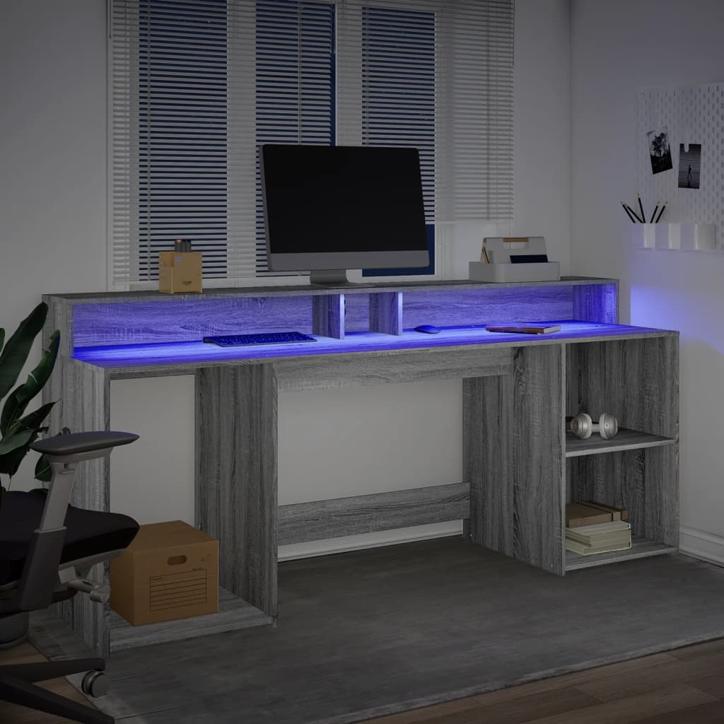 Szürke sonoma színű szerelt fa íróasztal LED-ekkel 200x55x91 cm 4