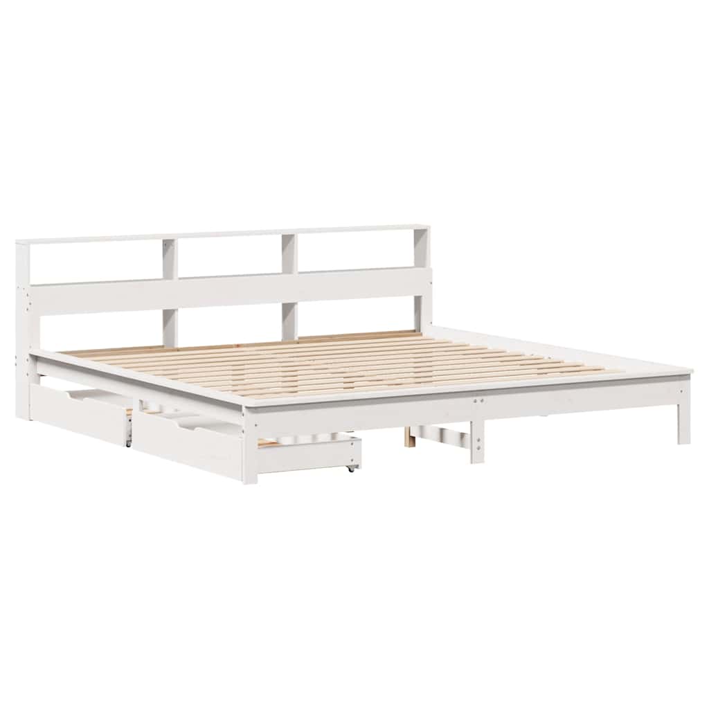 Fehér tömör fenyőfa könyvespolcos ágy matrac nélkül 200x200 cm 3