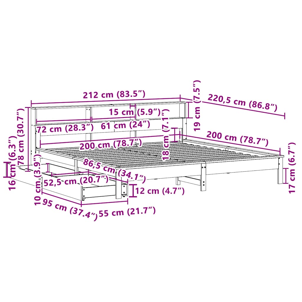 Fehér tömör fenyőfa könyvespolcos ágy matrac nélkül 200x200 cm 12