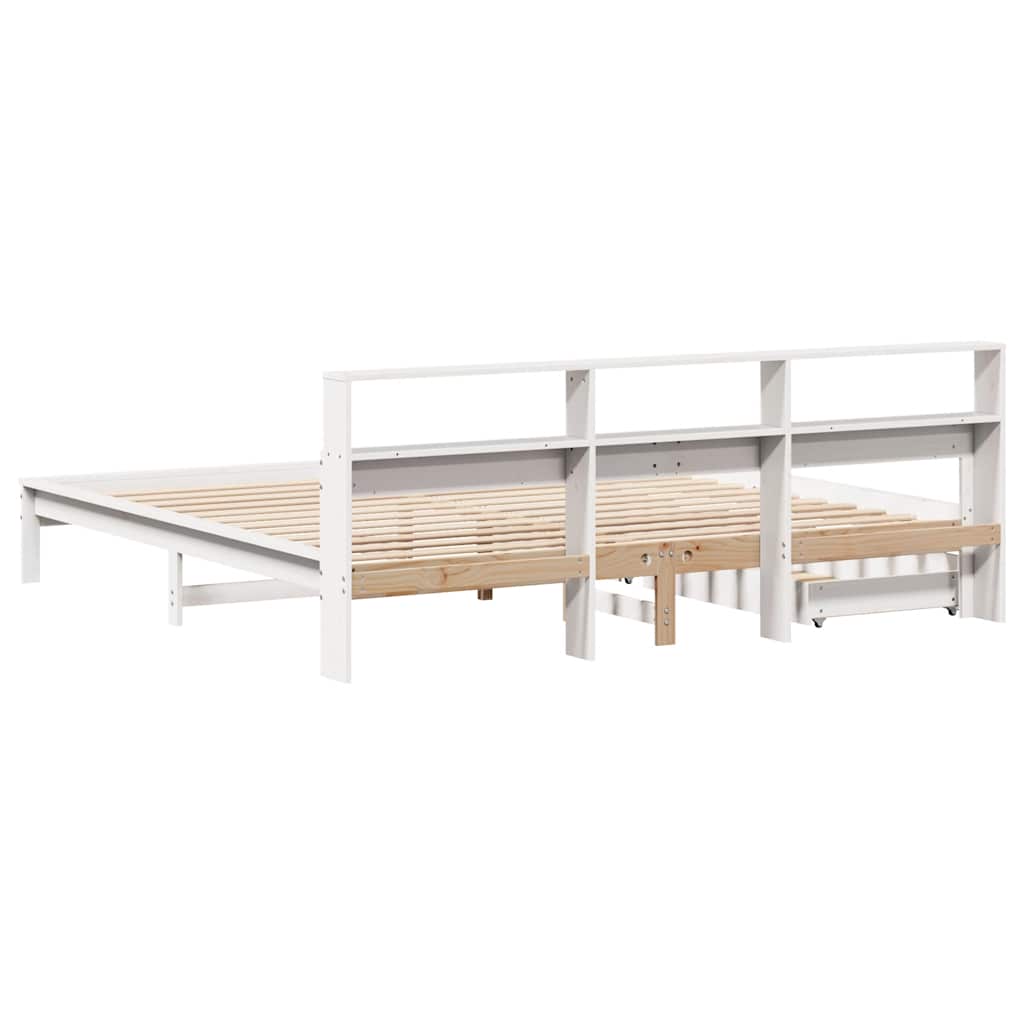 Fehér tömör fenyőfa könyvespolcos ágy matrac nélkül 200x200 cm 6