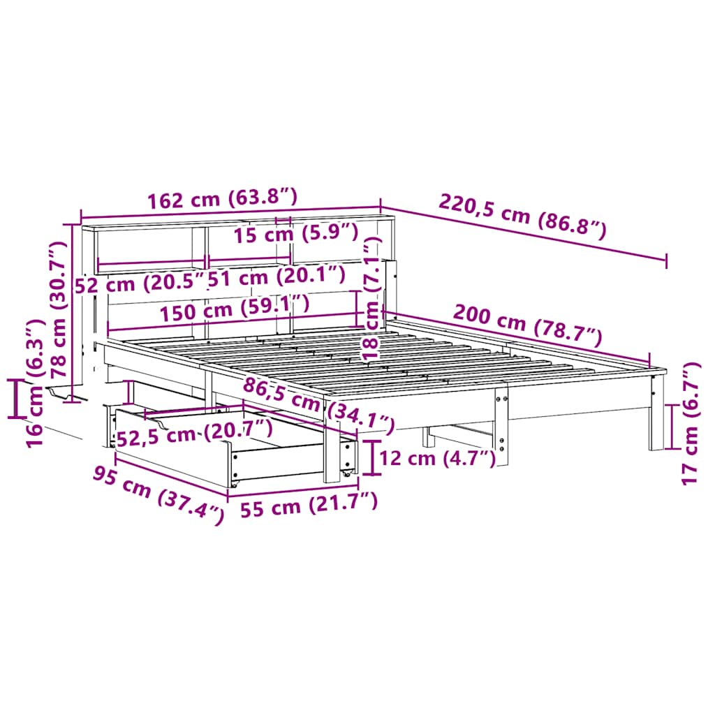 Barna tömör fenyőfa könyvespolcos ágy matrac nélkül 150 x 200cm 12
