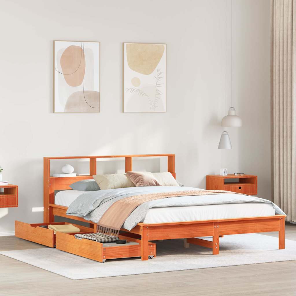 Barna tömör fenyőfa könyvespolcos ágy matrac nélkül 150 x 200cm