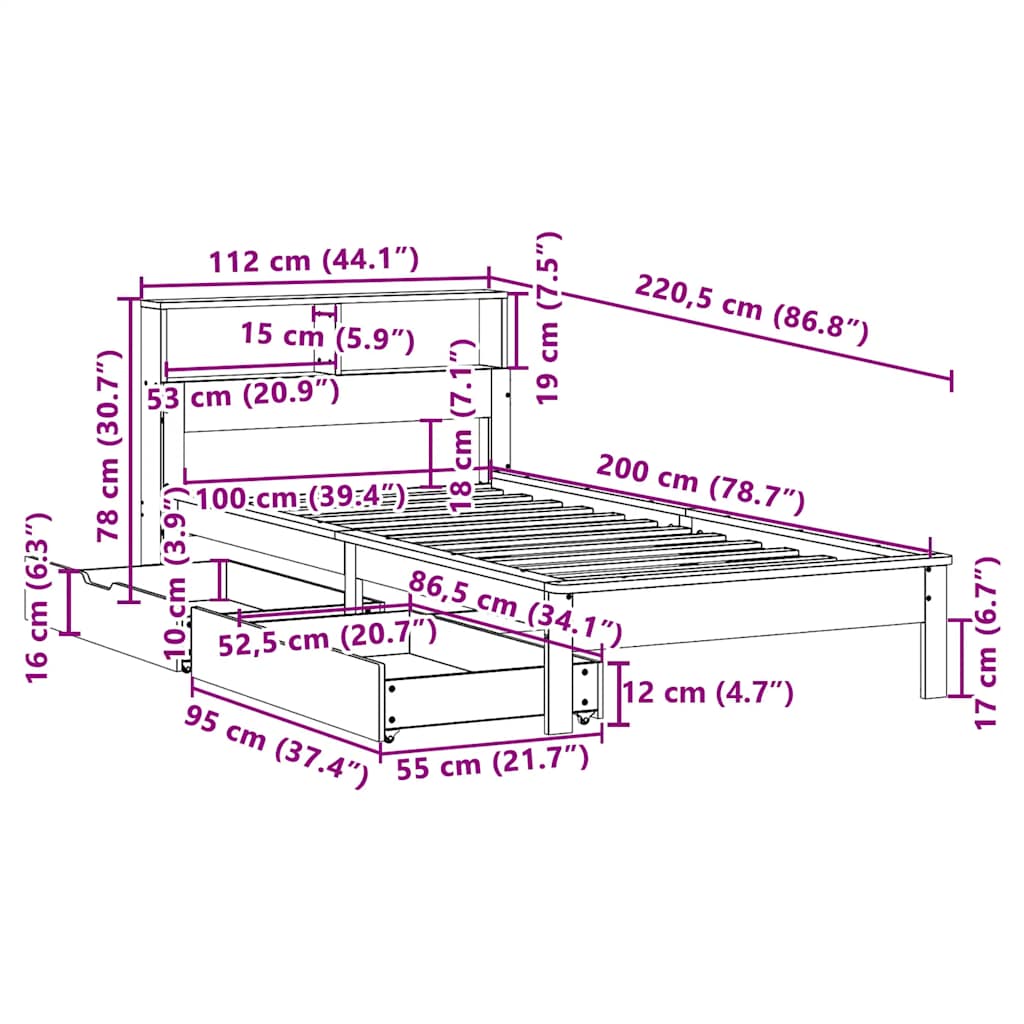 Barna tömör fenyőfa könyvespolcos ágy matrac nélkül 100 x 200cm 12