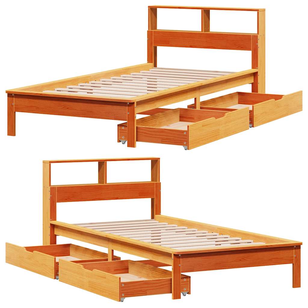 Barna tömör fenyőfa könyvespolcos ágy matrac nélkül 100 x 200cm 9