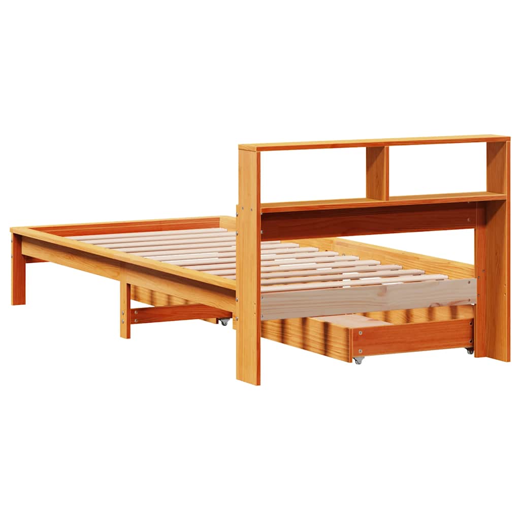 Barna tömör fenyőfa könyvespolcos ágy matrac nélkül 90 x 200 cm 6