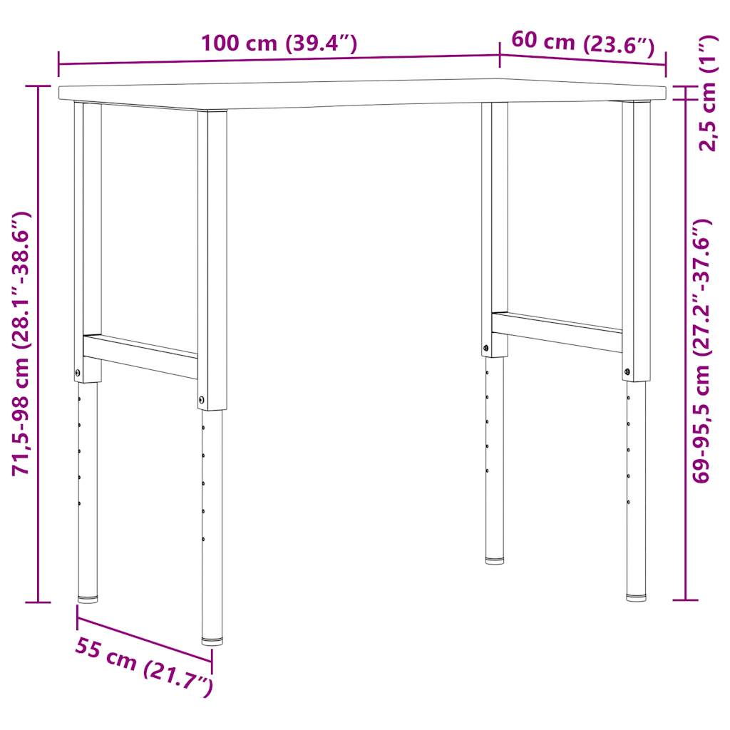 Sötétbarna tömör tölgyfa munkapad 100 x 60 x (71,5-98) cm 11
