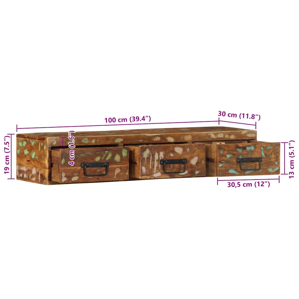Tömör újrahasznosított falra szerelhető TV-szekrény 100x30x19cm 12