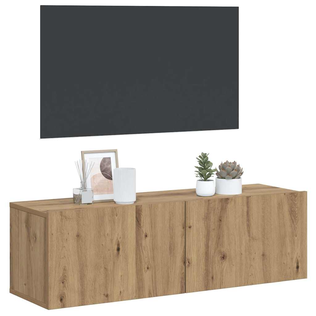 Kézműves tölgy színű szerelt fa fali TV-szekrény 100x30x30 cm 2