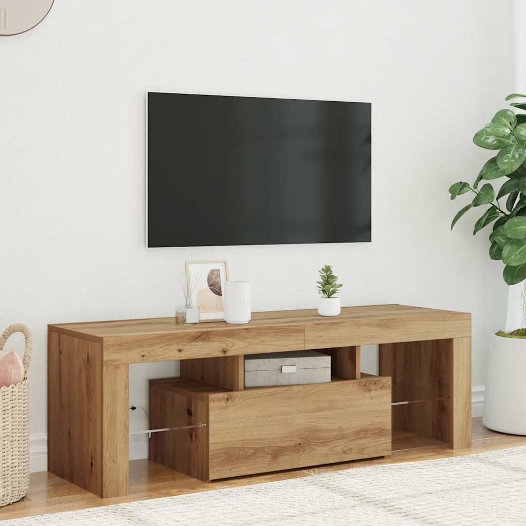 Kézműves tölgy szerelt fa TV-szekrény LED-ekkel 120x36,5x40 cm