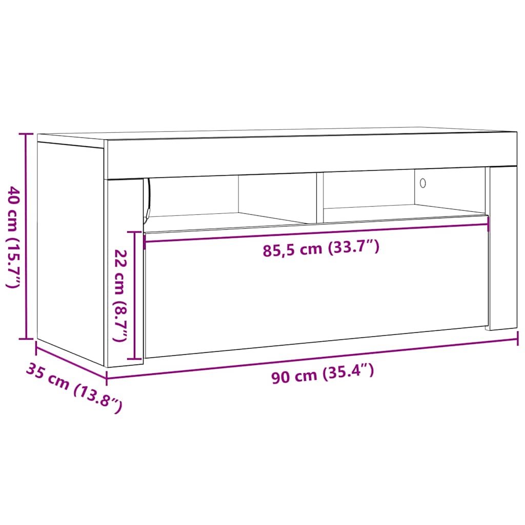 Antik fa színű szerelt fa TV-szekrény LED-ekkel 90x35x40 cm 16