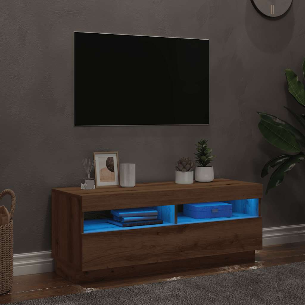 Kézműves tölgy szerelt fa TV-szekrény LED-ekkel 100x35x40 cm 5