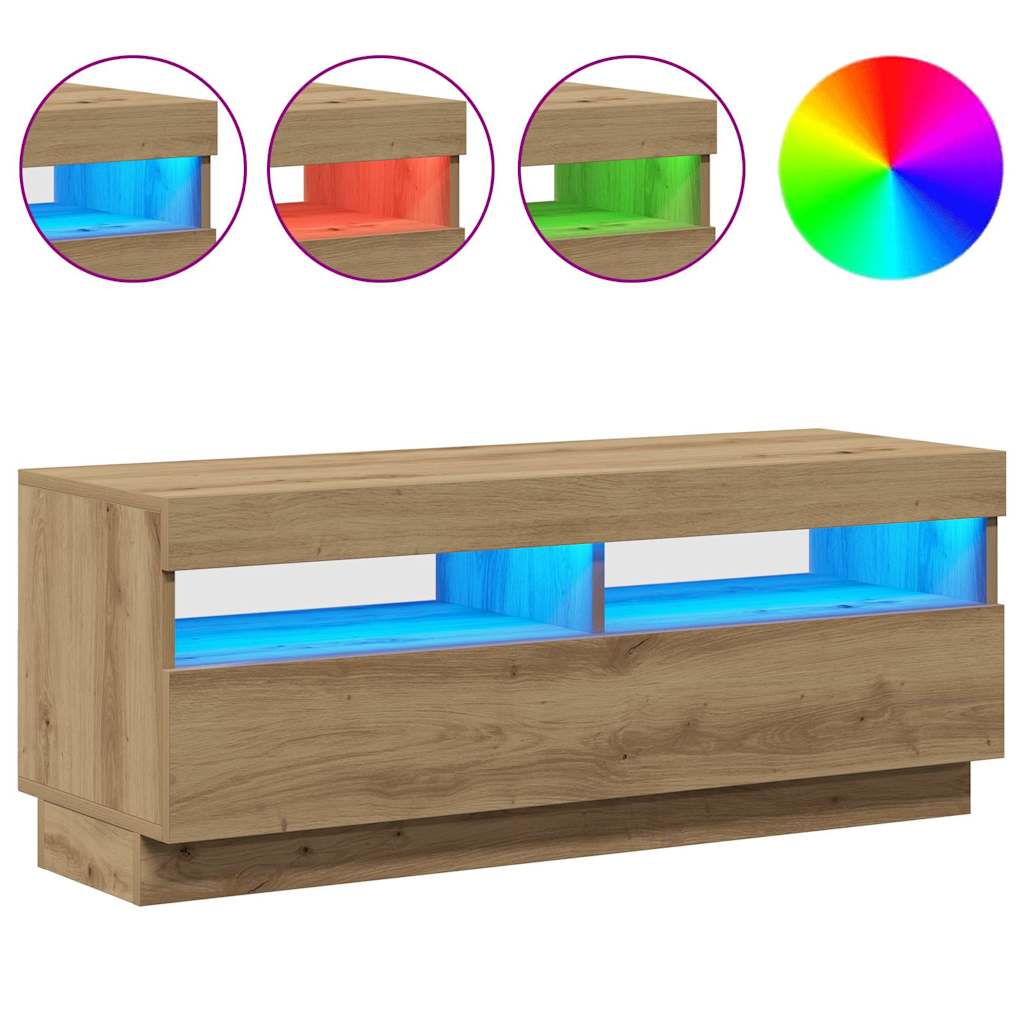 Kézműves tölgy szerelt fa TV-szekrény LED-ekkel 100x35x40 cm 3
