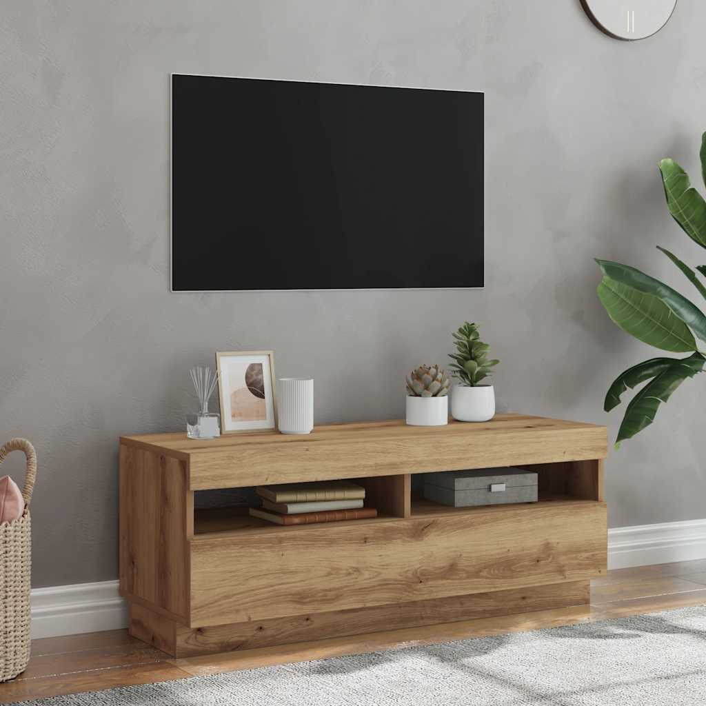 Kézműves tölgy szerelt fa TV-szekrény LED-ekkel 100x35x40 cm