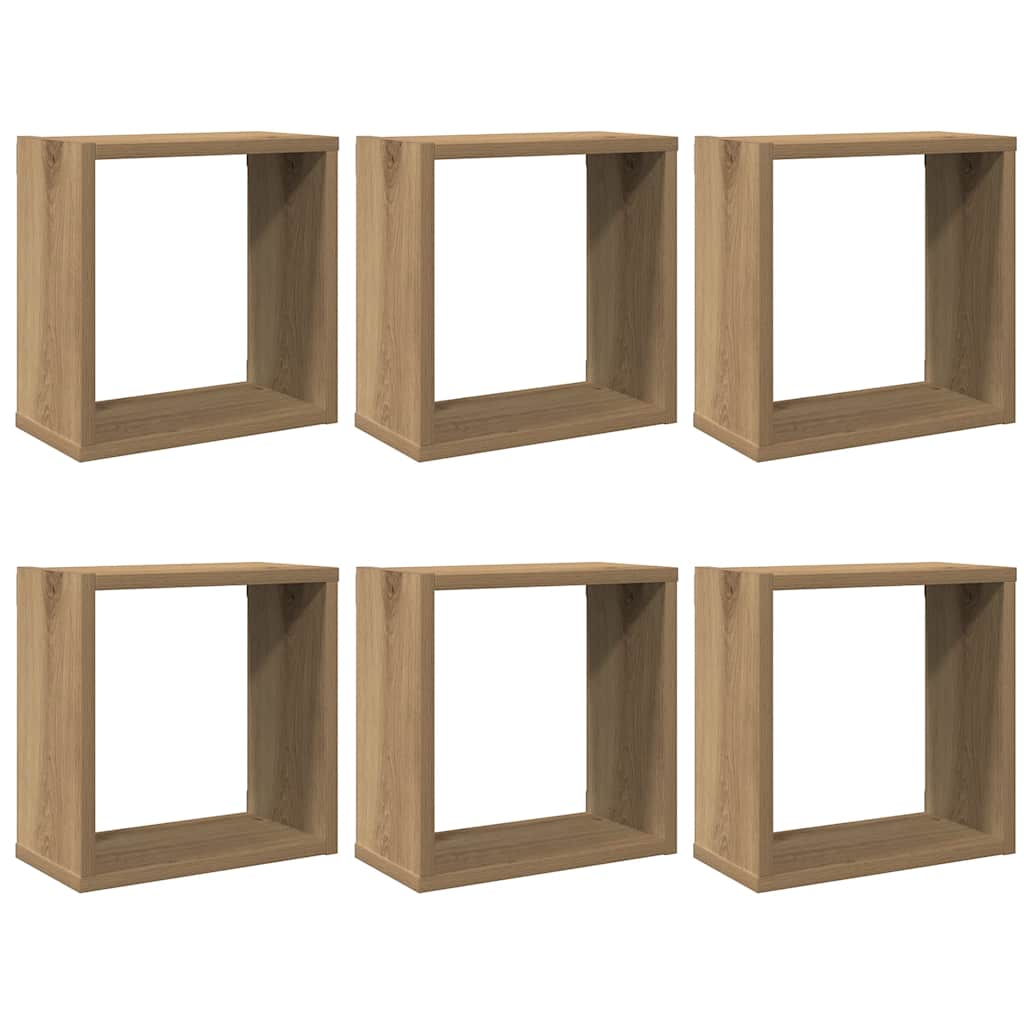 6 db kézműves tölgyszínű szerelt fa fali kockapolc 30x15x30 cm 2