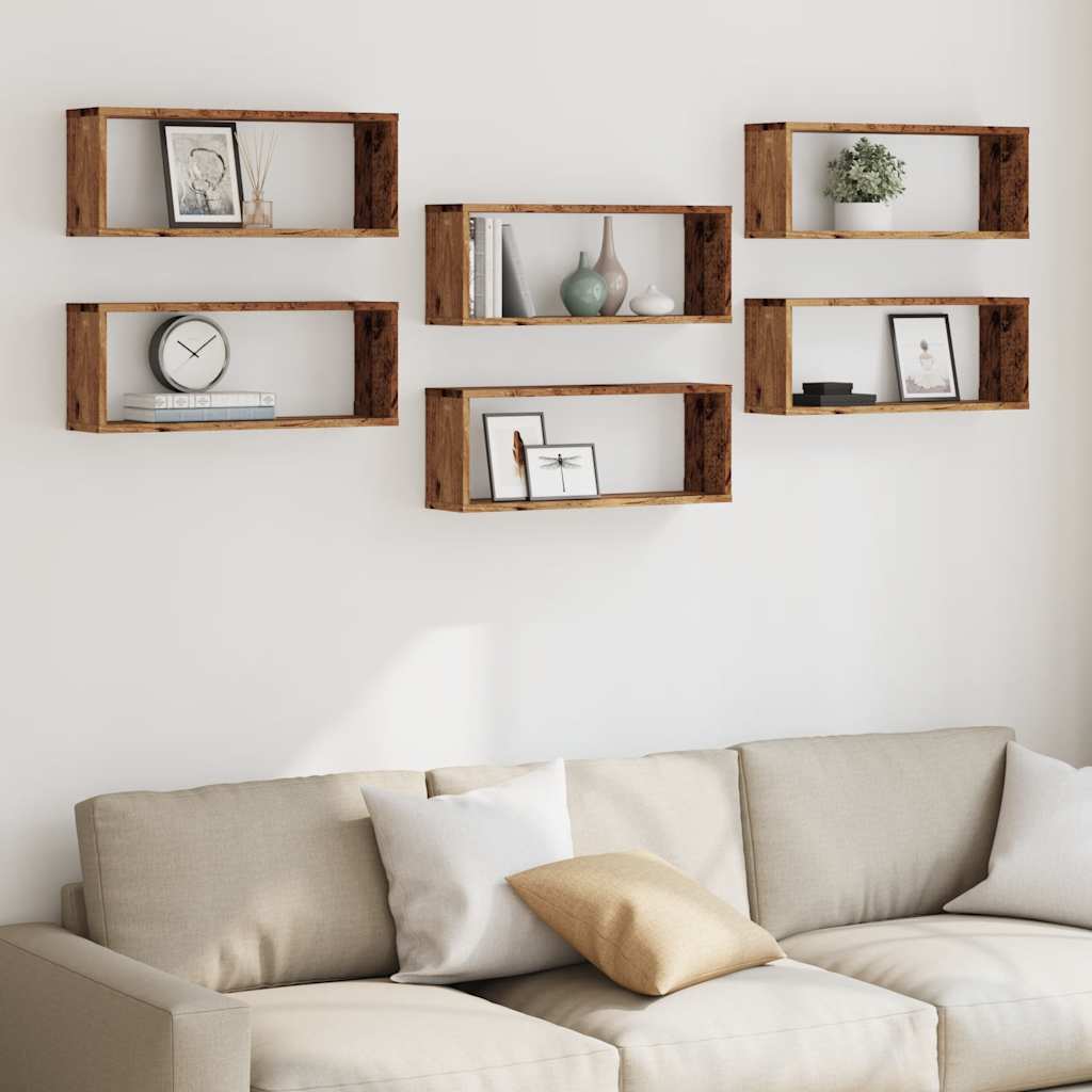 6 db antik fa színű szerelt fa fali kockapolc 60 x 15 x 23 cm 3