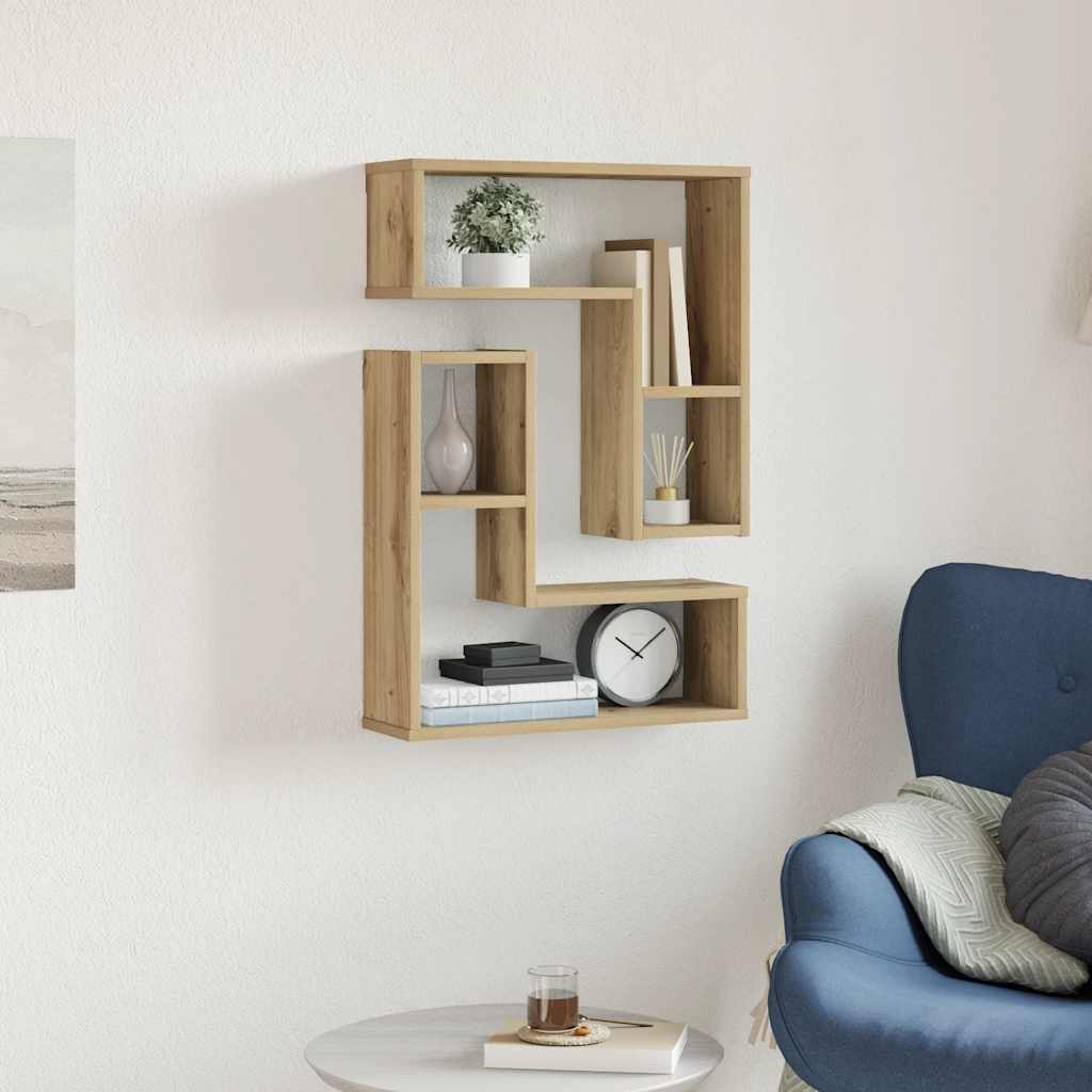2 db kézműves tölgyszínű szerelt fa fali kockapolc 50x15x50 cm 3