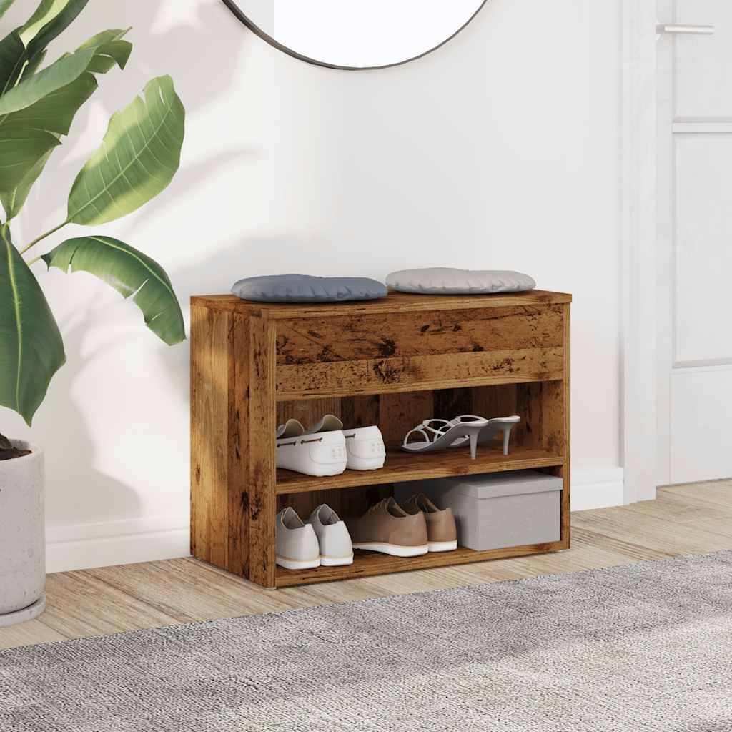 Antik fa színű szerelt fa cipőtároló pad 60 x 30 x 45 cm 3