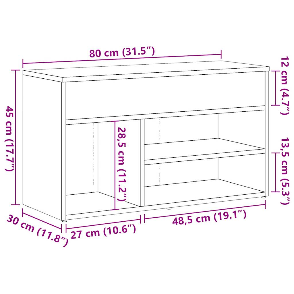 Antik fa színű szerelt fa cipőtároló pad 80 x 30 x 45 cm 11
