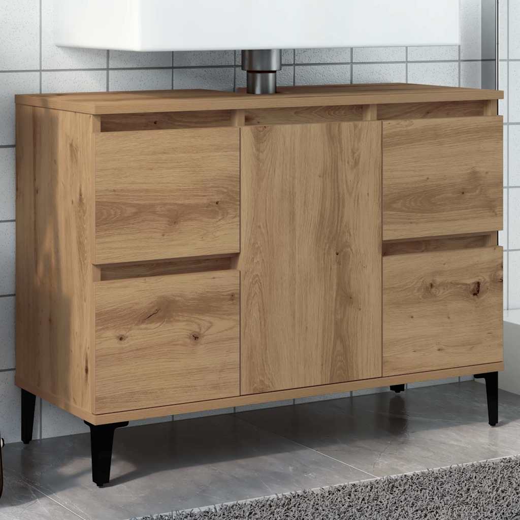 Kézműves tölgy színű szerelt fa mosdószekrény 80 x 33 x 60 cm