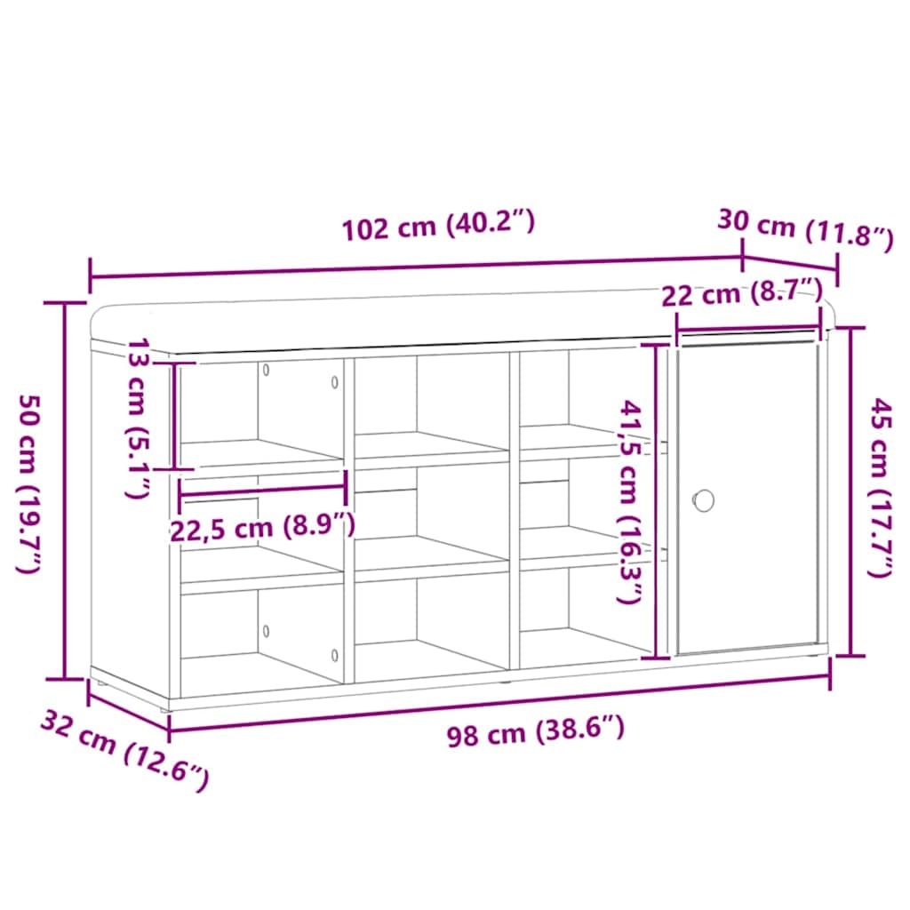 Kézműves tölgy szerelt fa cipőtároló pad 102x32x50 cm 9