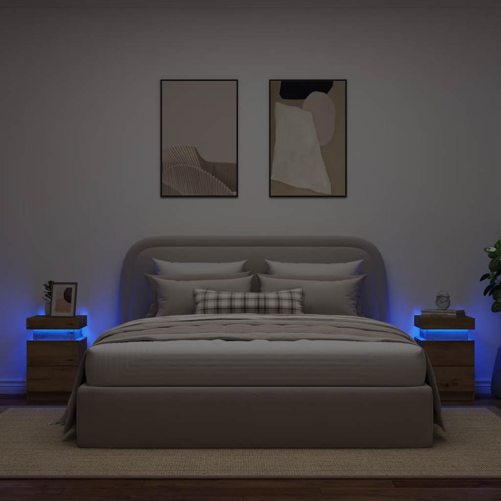 2 db kézműves tölgy szerelt fa LED-es éjjeliszekrény 35x39x55cm 3