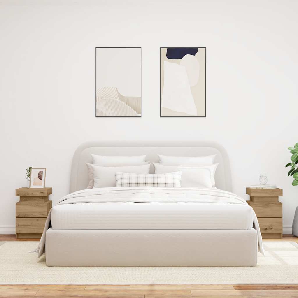 2 db kézműves tölgy szerelt fa LED-es éjjeliszekrény 35x39x55cm