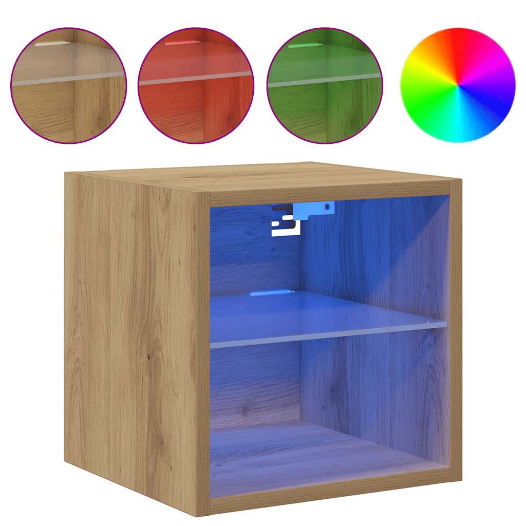 Kézműves tölgy színű fali TV-szekrény LED-ekkel 30x28,5x30 cm 2