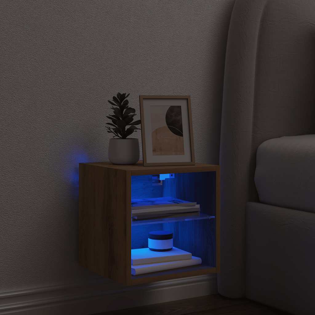 Kézműves tölgy színű fali TV-szekrény LED-ekkel 30x28,5x30 cm 4