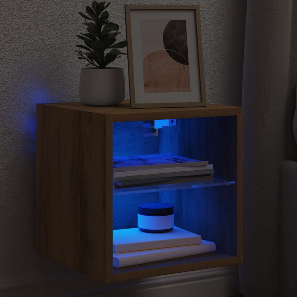 Kézműves tölgy színű fali TV-szekrény LED-ekkel 30x28,5x30 cm 5