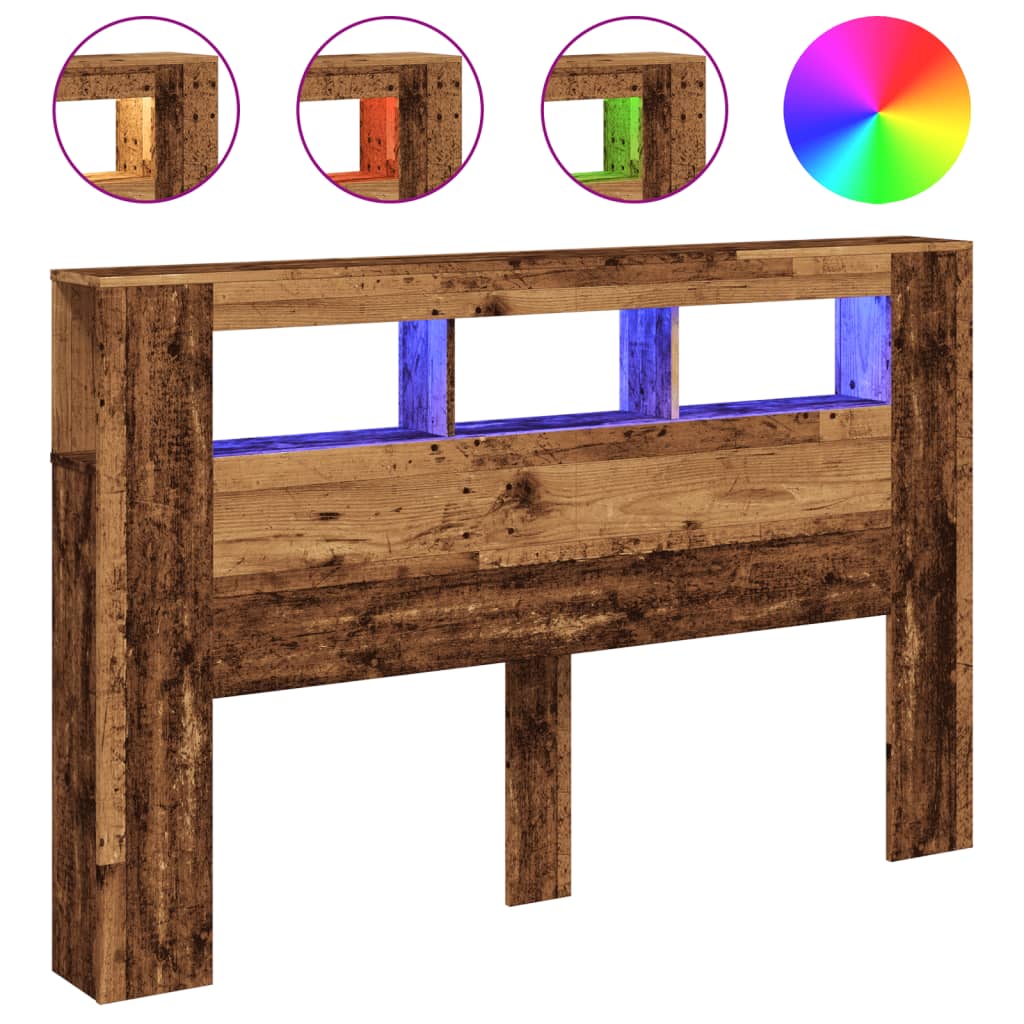 Antik fa színű szerelt fa LED-es fejtámla 160x18,5x103,5 cm 2