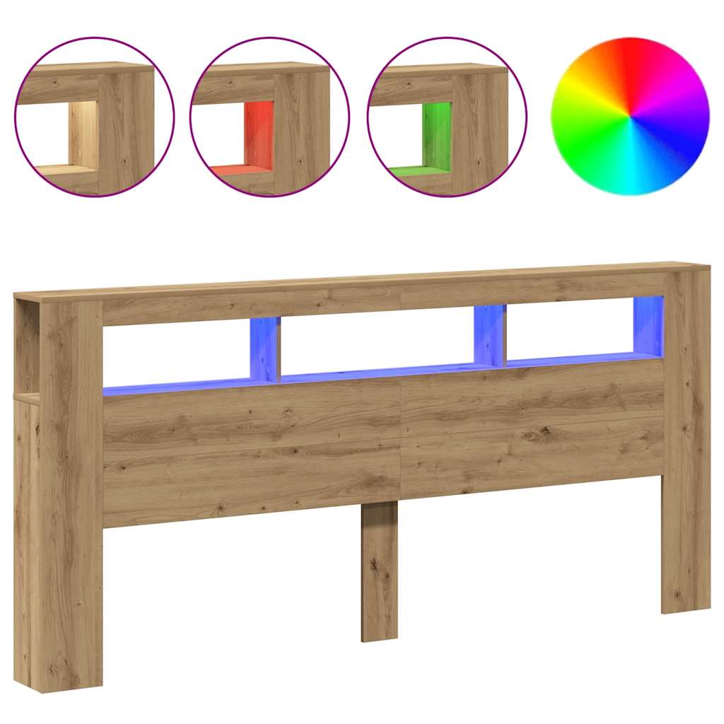 Kézműves tölgyszínű szerelt fa LED-es fejtámla 220x18,5x103,5cm 2