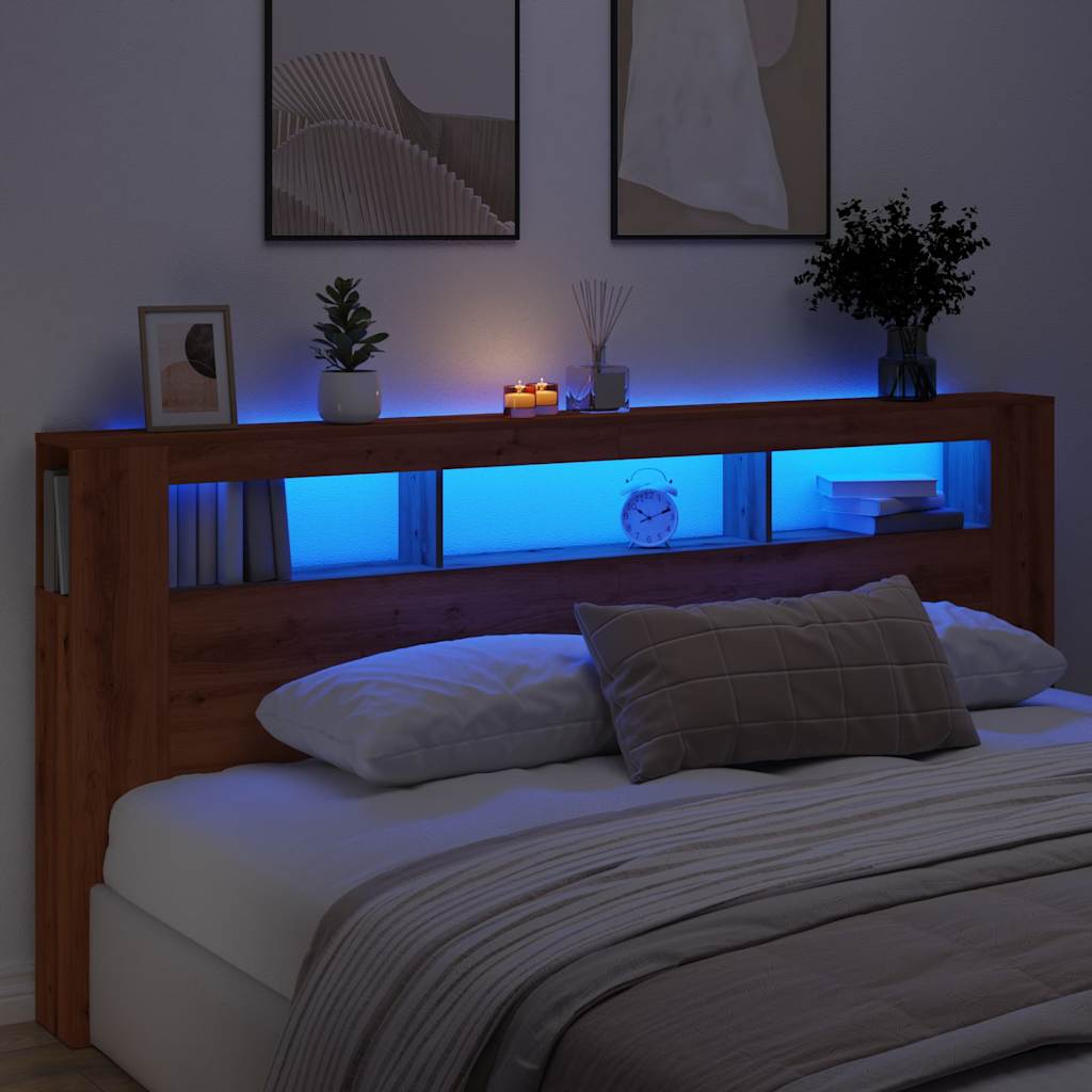Kézműves tölgyszínű szerelt fa LED-es fejtámla 220x18,5x103,5cm 3