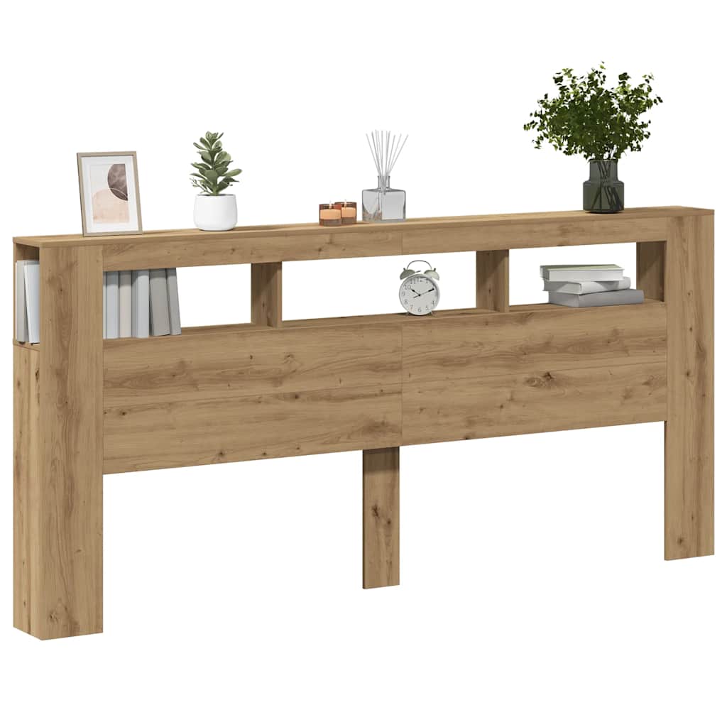 Kézműves tölgyszínű szerelt fa LED-es fejtámla 220x18,5x103,5cm 12