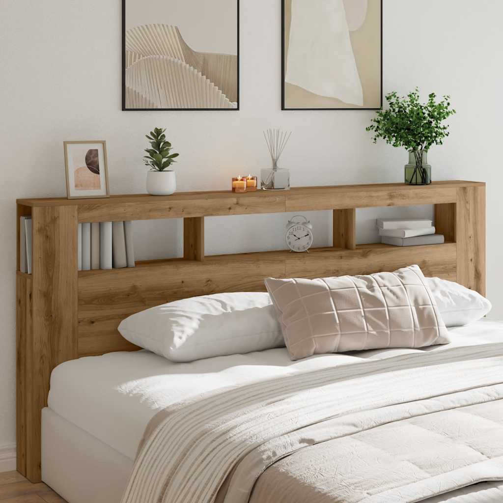 Kézműves tölgyszínű szerelt fa LED-es fejtámla 220x18,5x103,5cm
