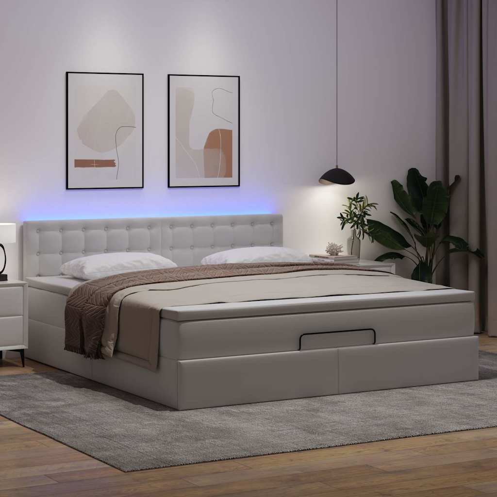 Tiszta fehér műbőr ottomán ágy matracokkal & LED-ek 160x200cm 3
