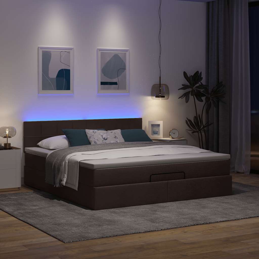 Sötétbarna szövet ottomán ágy matraccal & LED-ek 180x200cm 3