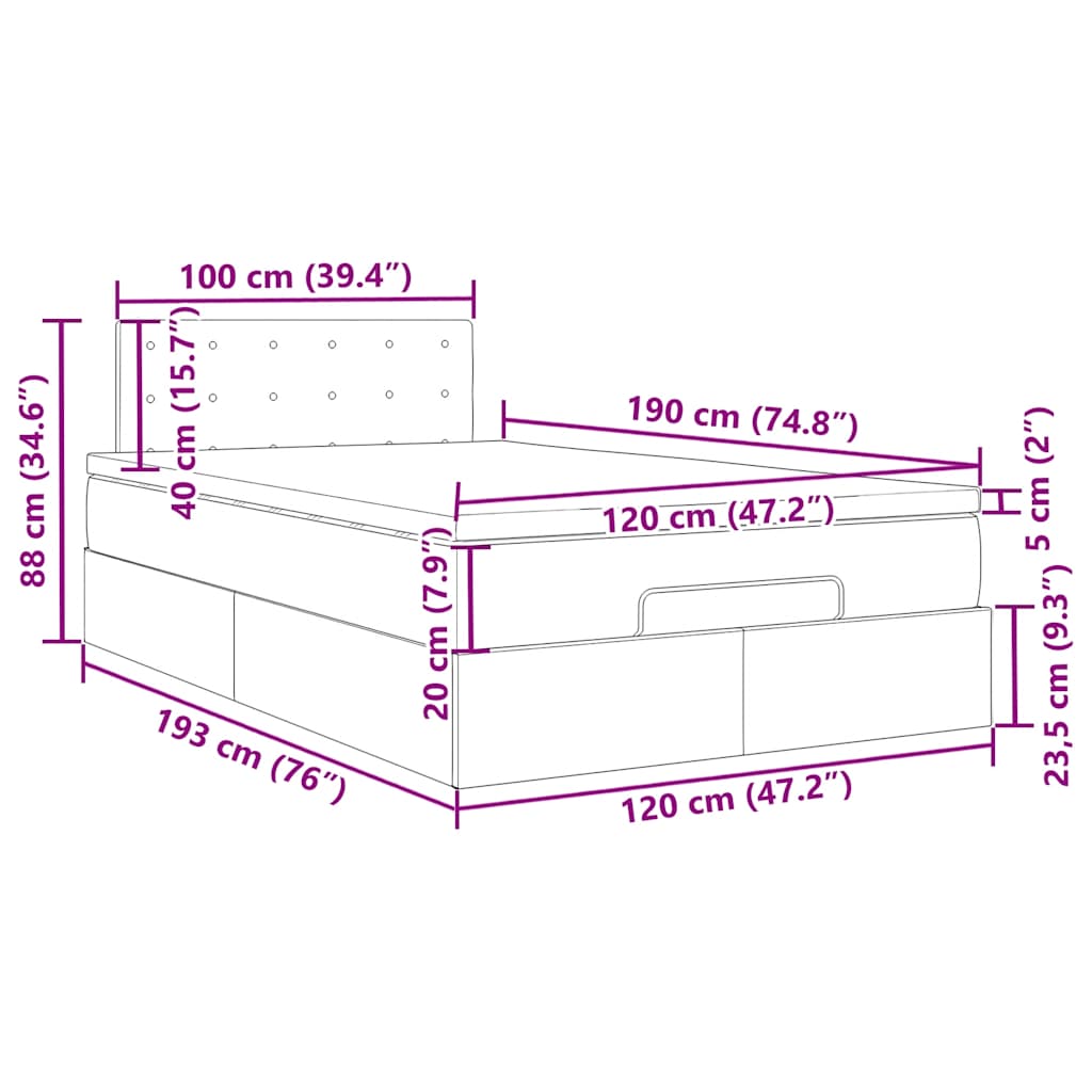 Sötétszürke szövet ottomán ágy matraccal & LED-ek 120x190 cm 18