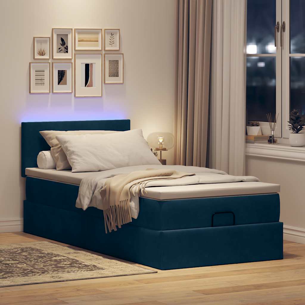 Sötétkék bársony ottomán ágy matraccal & LED-ek 80 x 200 cm 3