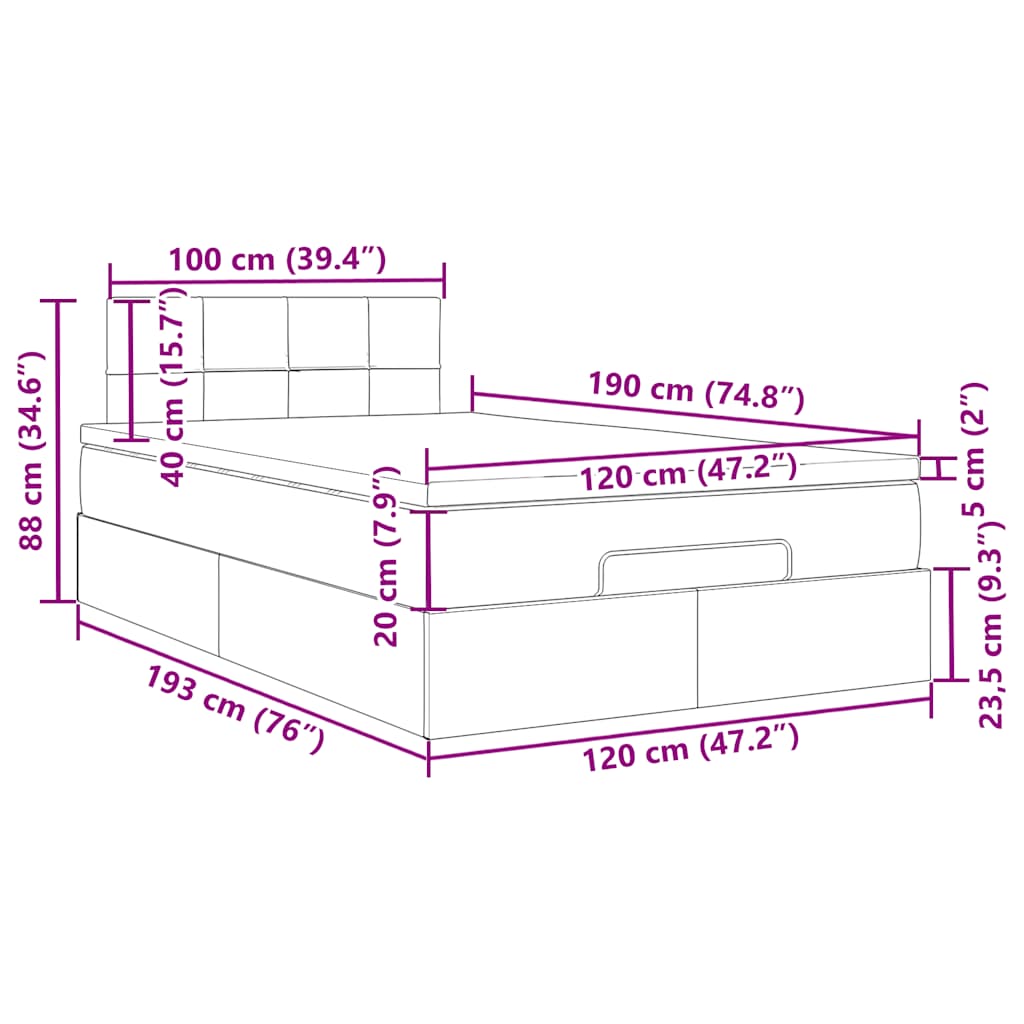 Sötétkék bársony ottomán ágy matraccal & LED-ek 120x190cm 17