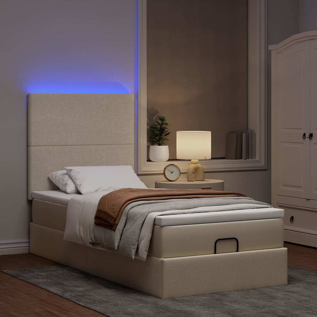 Krémszínű szövet ottomán ágy matraccal & LED-ek 90x200 cm 3