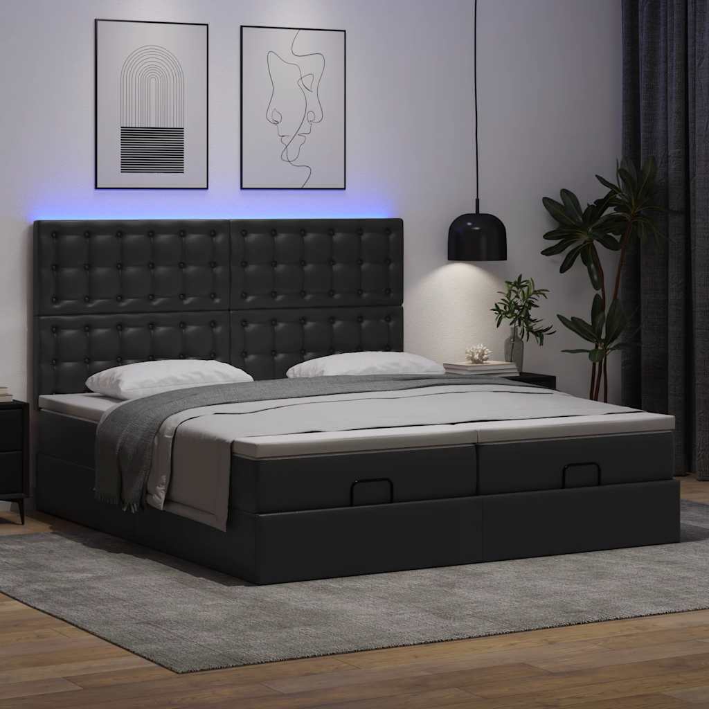 Fekete műbőr ottomán ágy matracokkal & LED-ek 160x200cm 3
