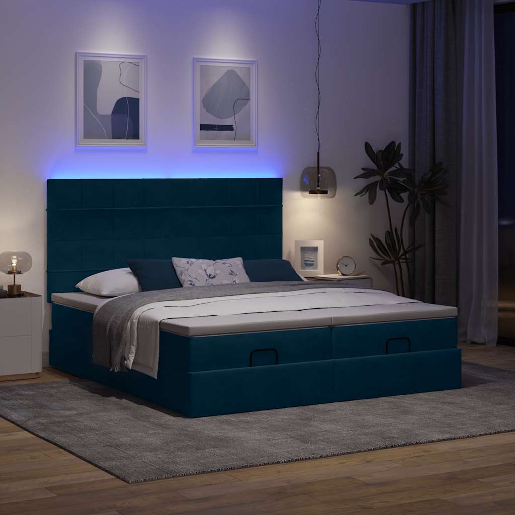 Ottomán ágy matracokkal & LED-ek Sötétkék 200x200cm bársony 3