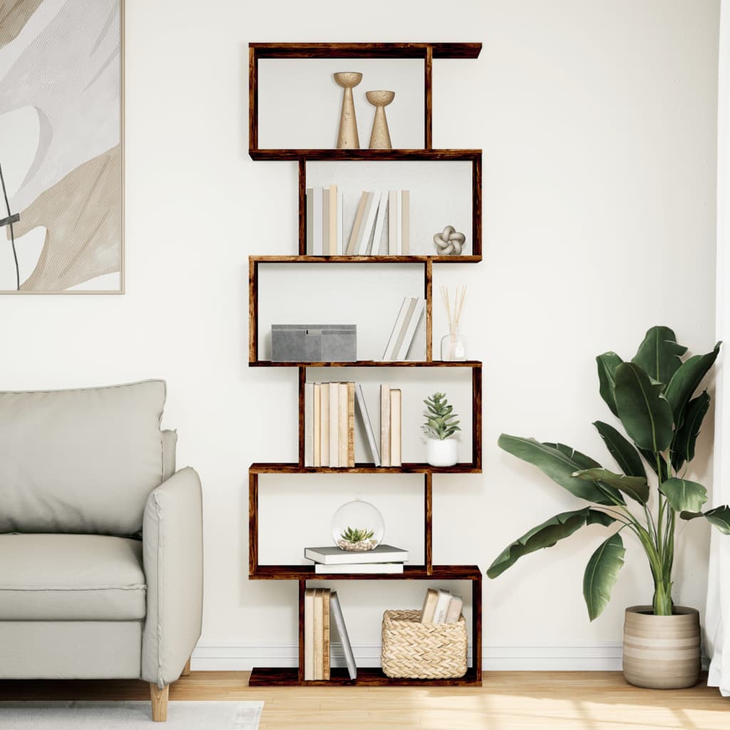 6 szintes füstös tölgy fa elválasztó könyvespolc 70x24x193 cm 3