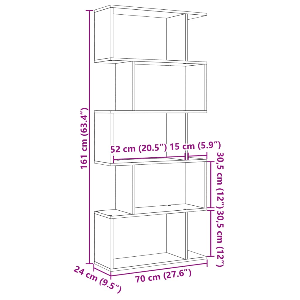 5 szintes sonoma tölgy fa elválasztó könyvespolc 70x24x161 cm 11