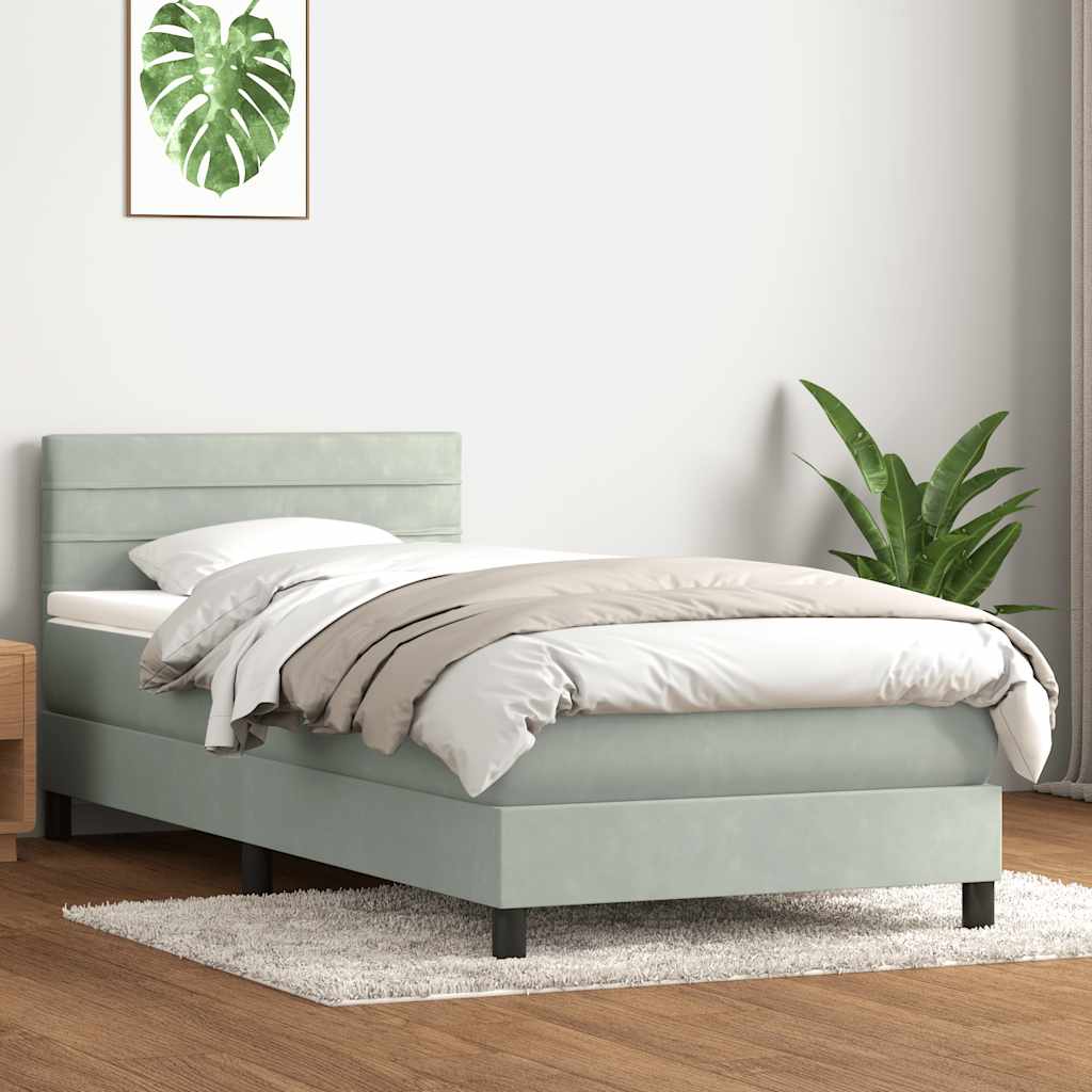 Világosszürke bársony rugós ágy matraccal 80x210 cm