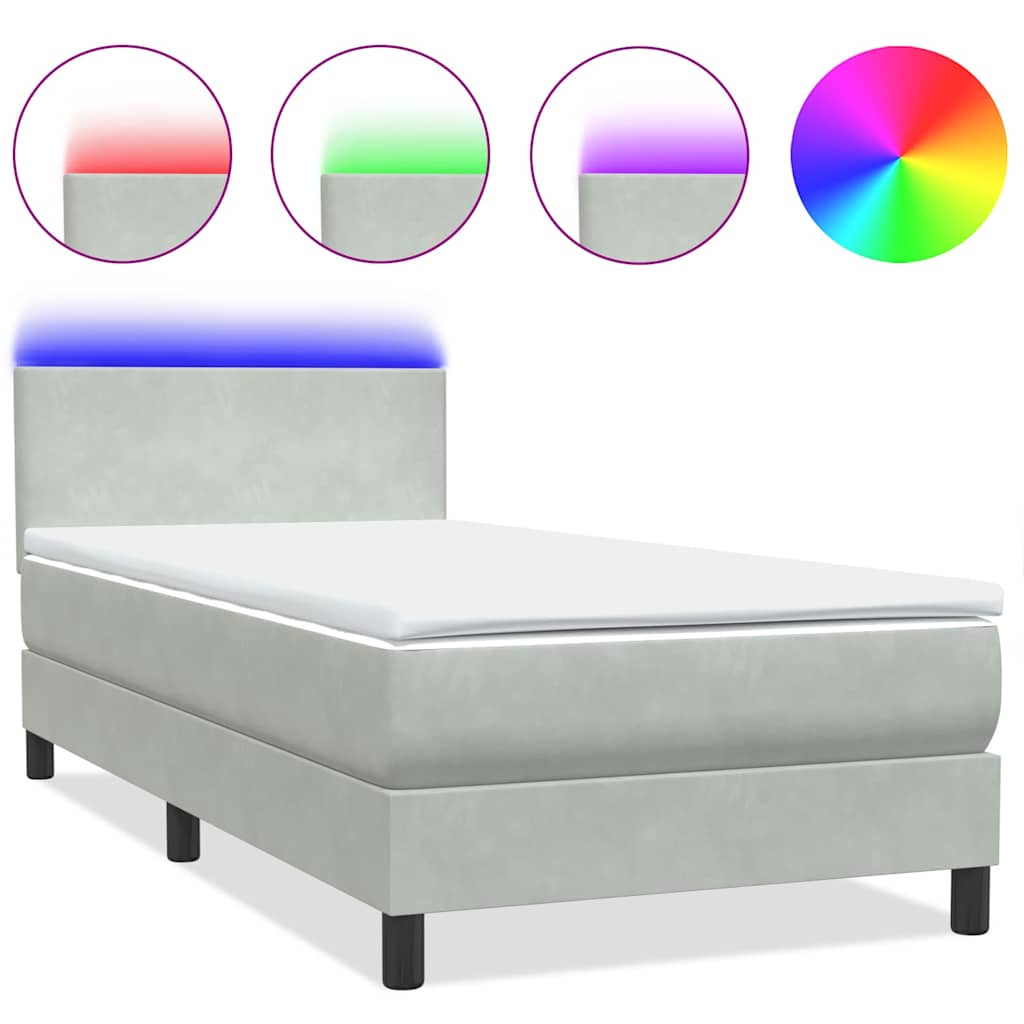 Világosszürke bársony rugós és LED-es ágy matraccal 90x220 cm 2