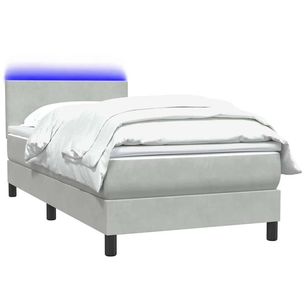 Világosszürke bársony rugós és LED-es ágy matraccal 90x220 cm 3