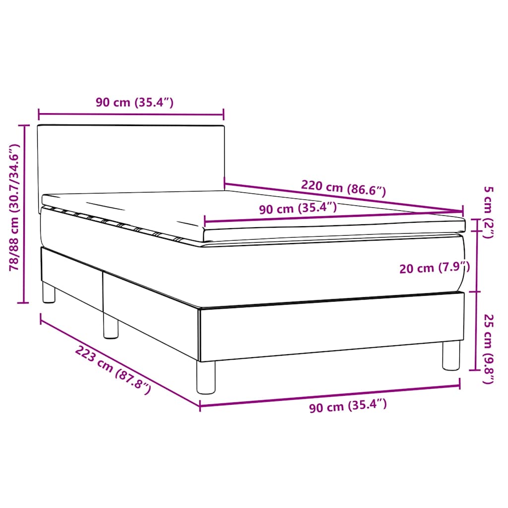Világosszürke bársony rugós és LED-es ágy matraccal 90x220 cm 16