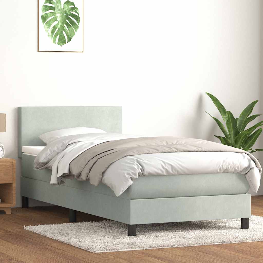 Világosszürke bársony rugós és LED-es ágy matraccal 90x220 cm