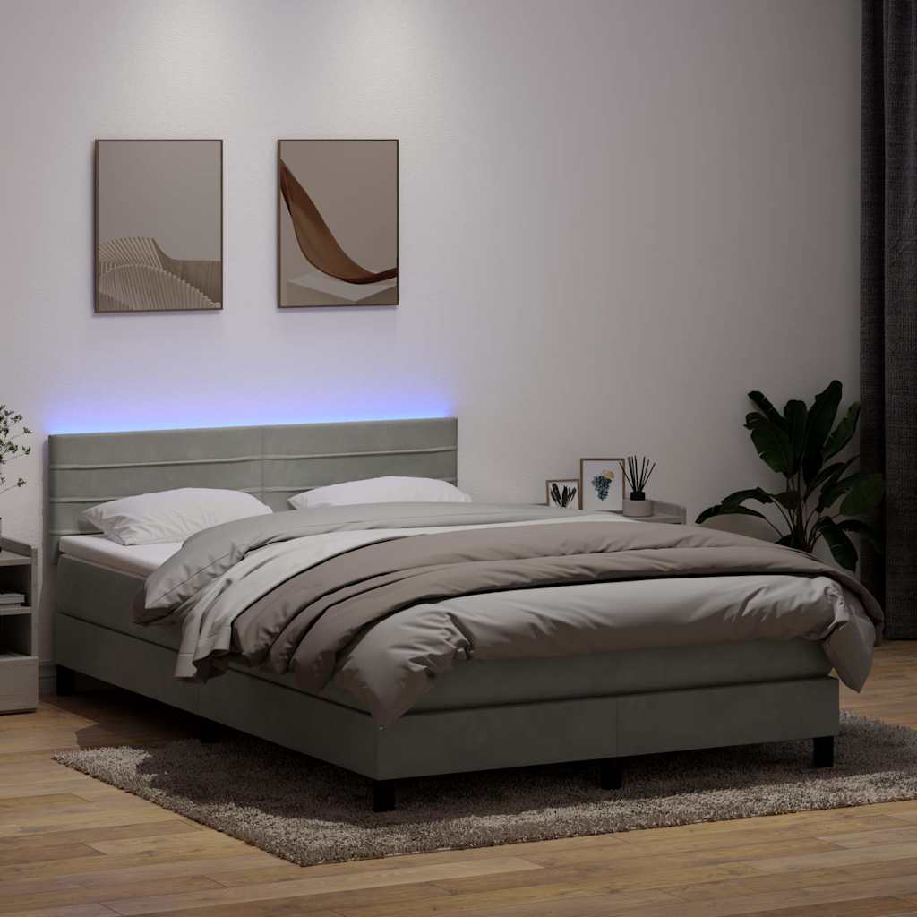 Világosszürke bársony rugós és LED-es ágy matraccal 160x220 cm